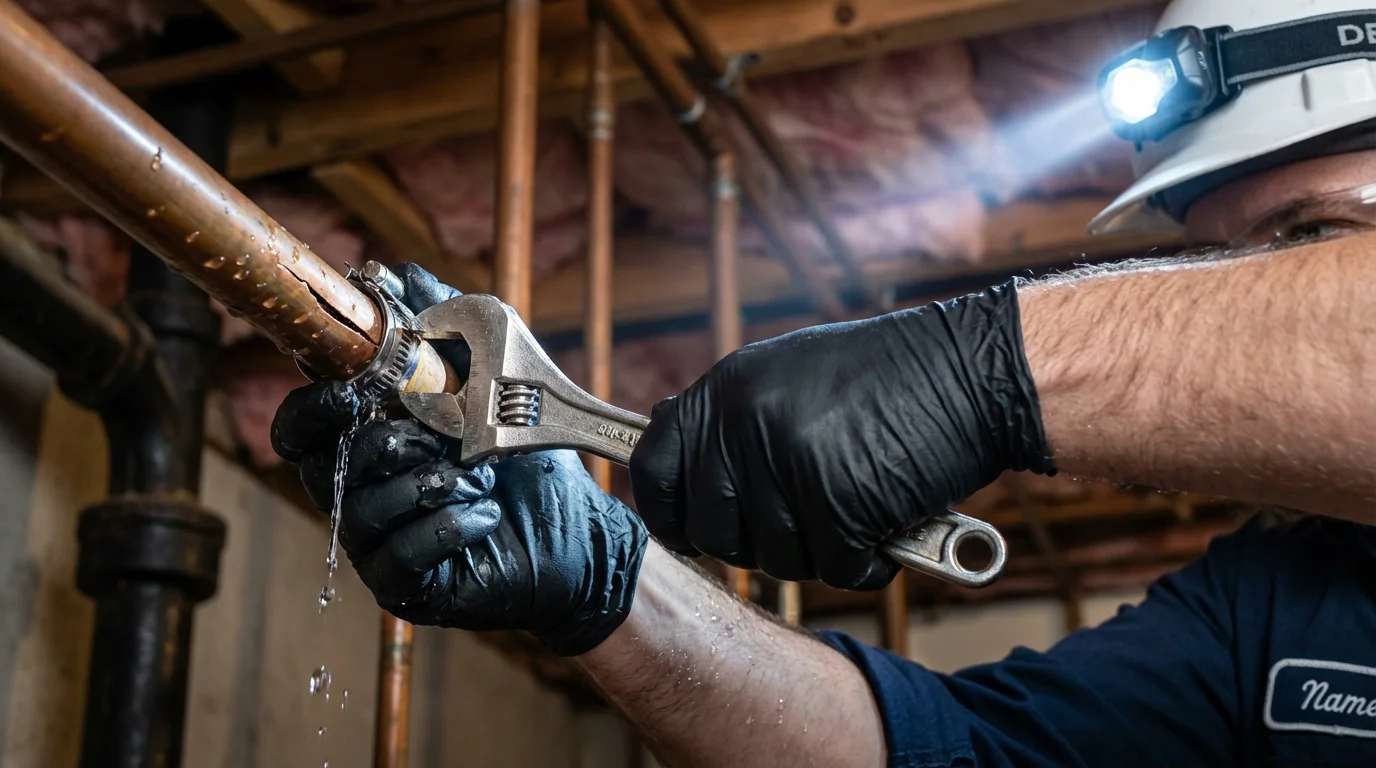 Emergency pipe clamp repair being performed by a Johns Plumbing LLC plumber in Chipley