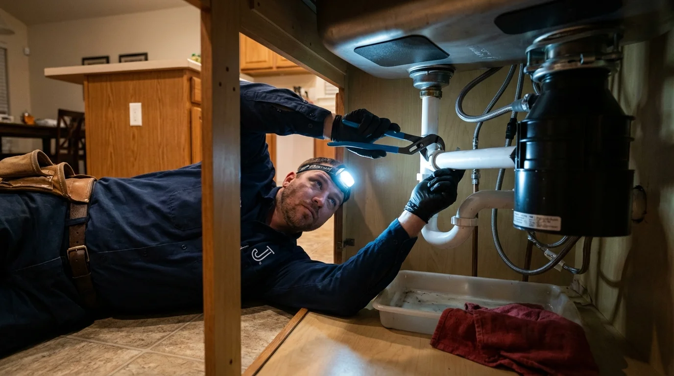 P-trap and supply line connections under a kitchen sink showing a common leak point in Chipley, FL